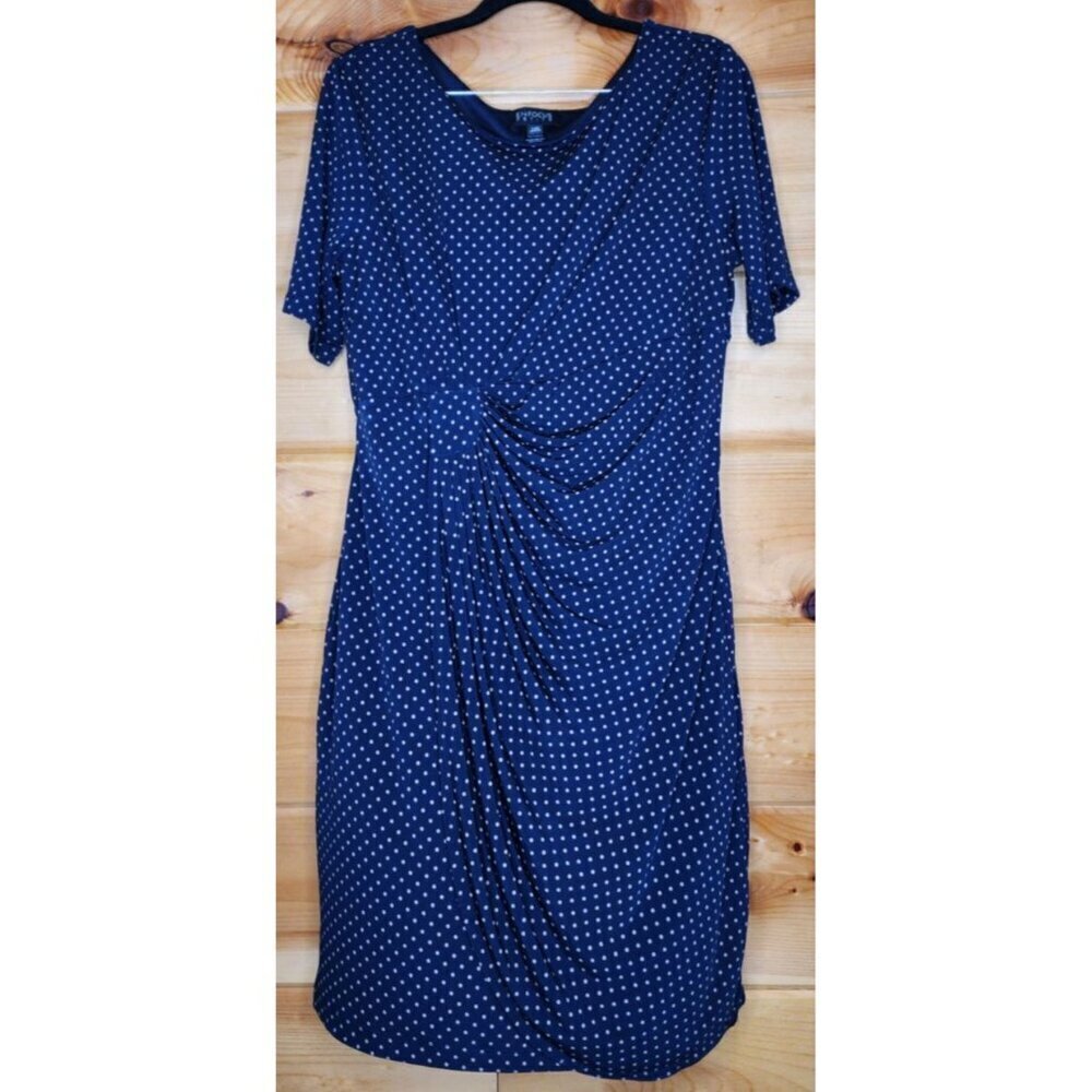 Enfocus Studio Navy Blue Gold Polka Dot Sleeveless Ruched Dress Size 14 Petite - Picture 1 of 10